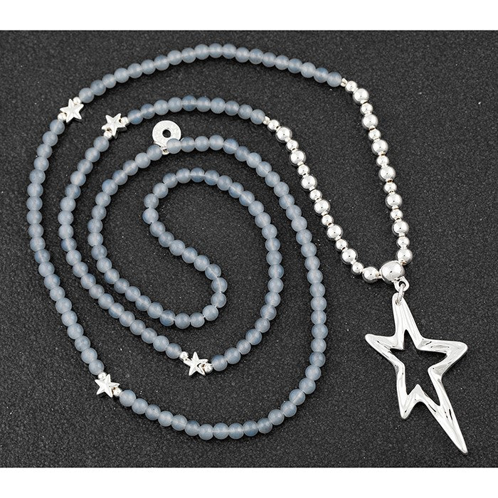 Beadz Silver Plated Star Long Necklace Grey