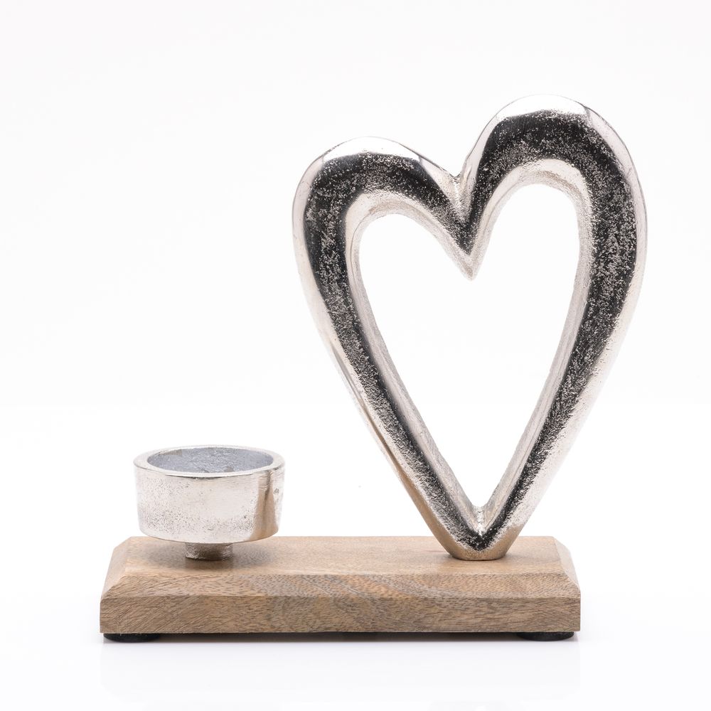 METAL HEART & WOOD TEALIGHT HOLDER 16CM