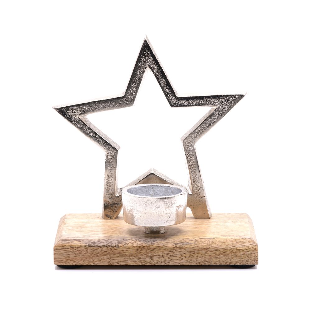 METAL STAR & WOOD TEALIGHT HOLDER 17CM