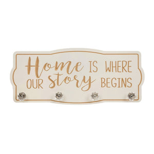 LOVE LIFE WALL PLAQUE WITH HOOKS 'HOME IS WHERE THE STORY