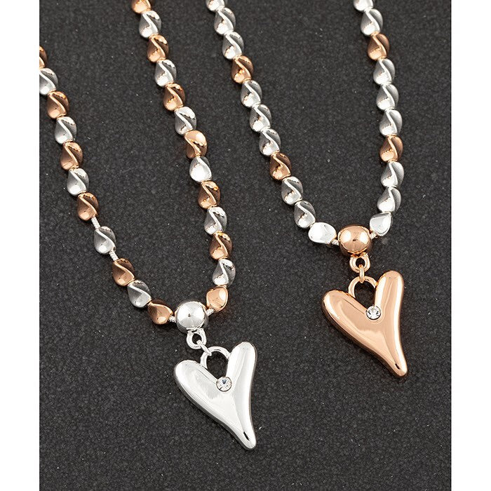 Two Tone Twist Bead Necklace - Silver Heart