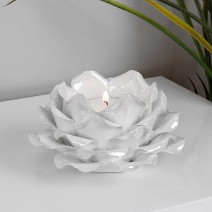 WHITE PEARLISED CERAMIC FLOWER TEALIGHT HOLDER