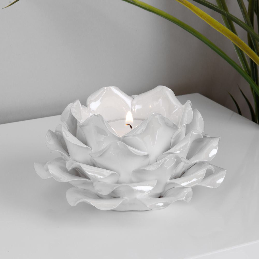 WHITE PEARLISED CERAMIC FLOWER TEALIGHT HOLDER