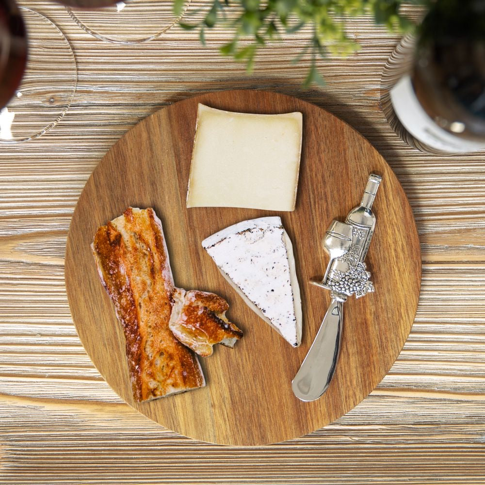 Acacia wood cheese board with wine handle spreader
