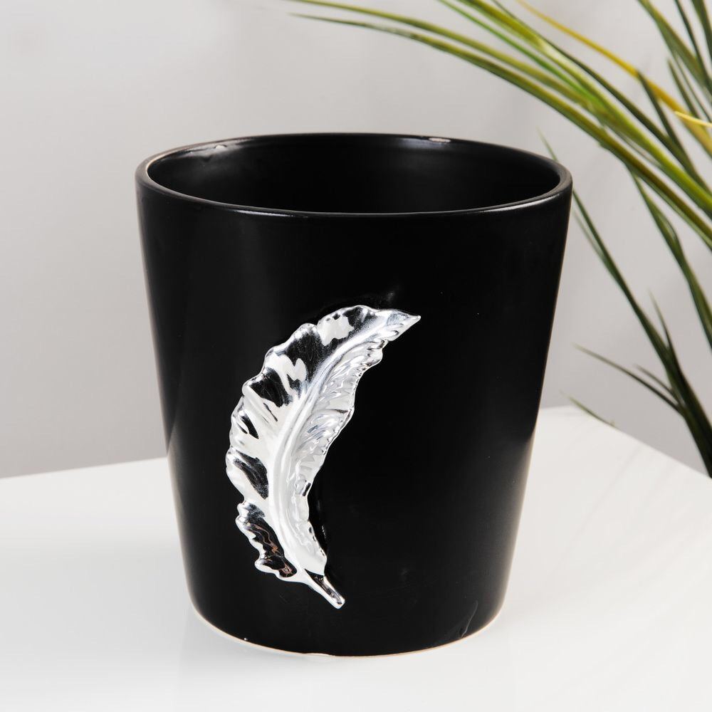 MATT BLACK CERAMIC VASE WITH SILVER LEAF 12.5CM