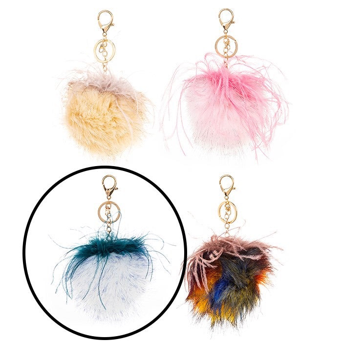 Faux Faux Pom Pom Keyring - Turquoise and white