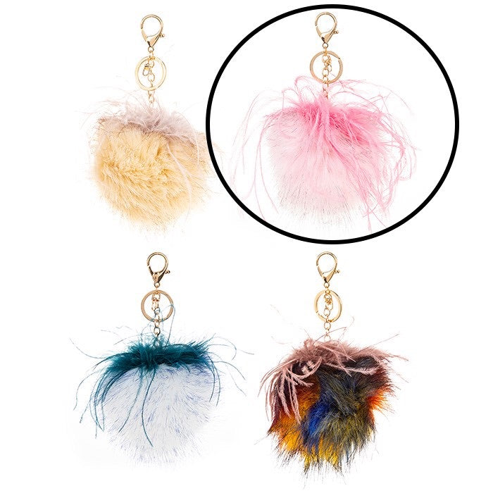Faux fur large pink Pom Pom keyring