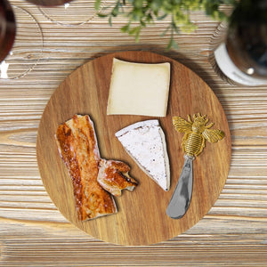 Acacia wood round cheeseboard with bee spreader