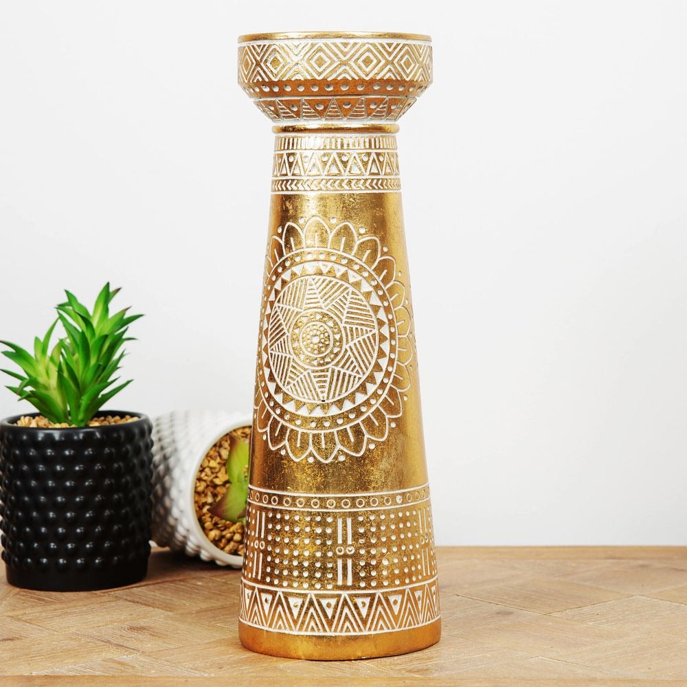 GOLD FINISH T-LIGHT CANDLE HOLDER WITH ORNATE PATTERN