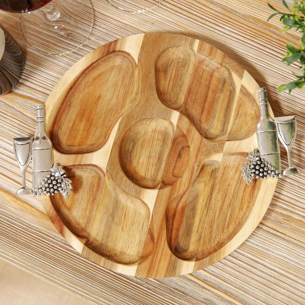 Acacia wood nibble board with silver colour wine handles