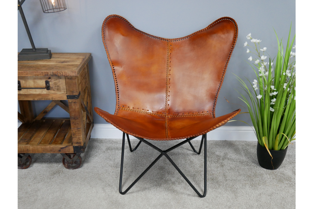 Leather Butterfly chair with iron base