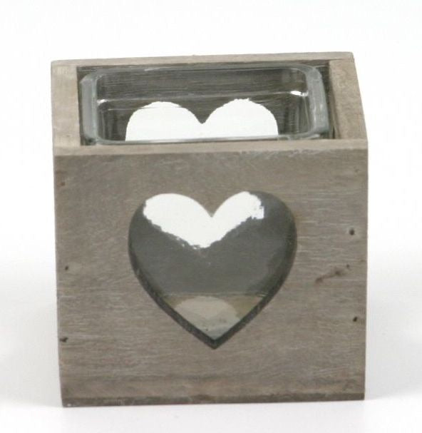 Wooden heart and glass candle holder
