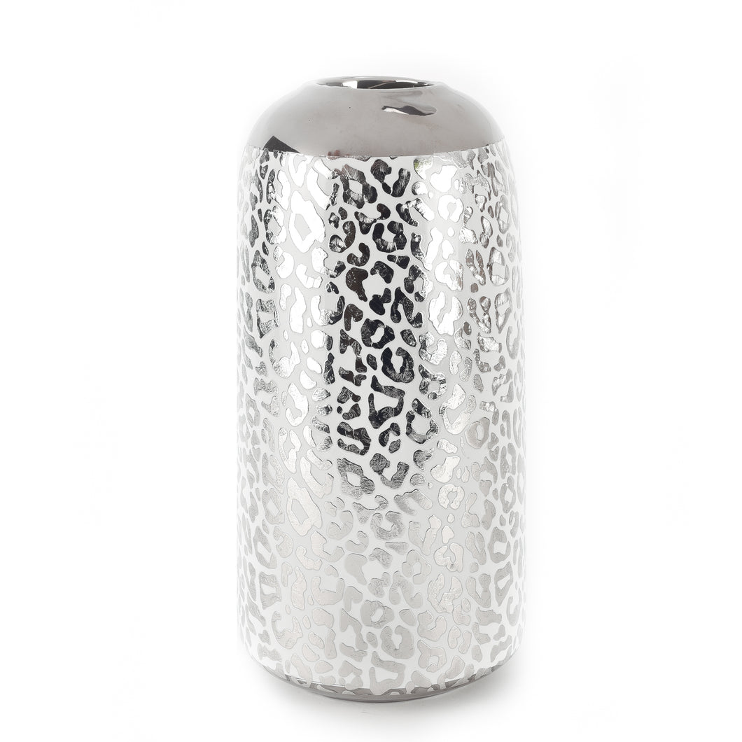 SILVER LEOPARD PRINT CERAMIC VASE 22CM