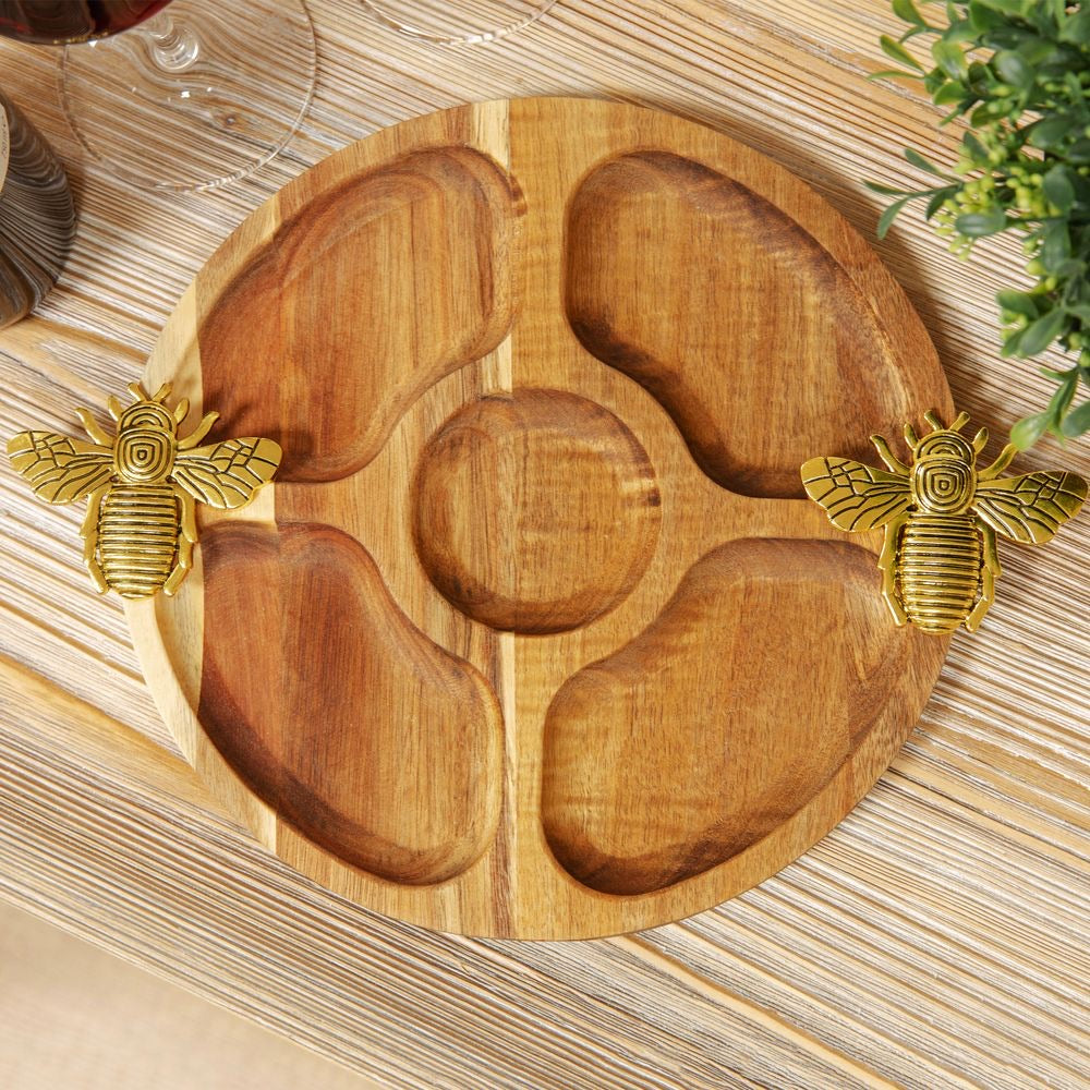 Acacia wood nibbles board with gold bee handles