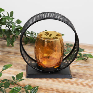 Round Metal Black and Gold Glass Candle Holder