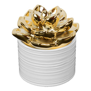 WHITE CERAMIC POT WITH GOLD FLOWER LID