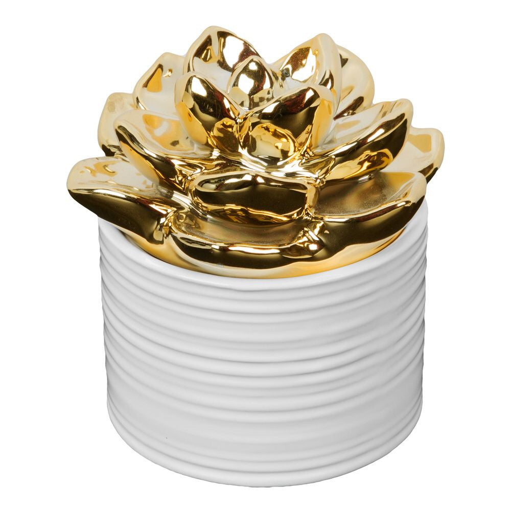 WHITE CERAMIC POT WITH GOLD FLOWER LID